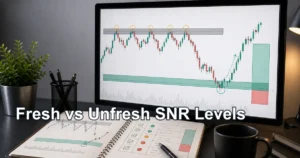 Chart comparing a fresh SNR level with an unfresh support resistance zone and risk planning checklist
