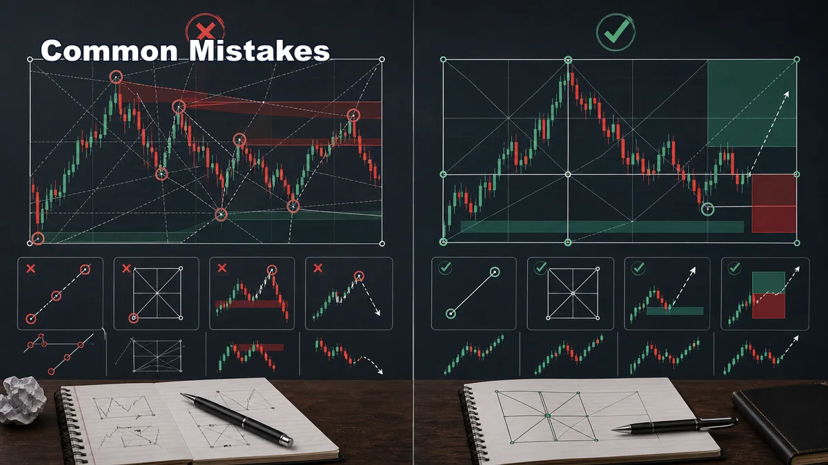 Gann Box Trading Guide AI image showing common Gann Box trading mistakes including wrong anchors forced angles late entries and no risk plan