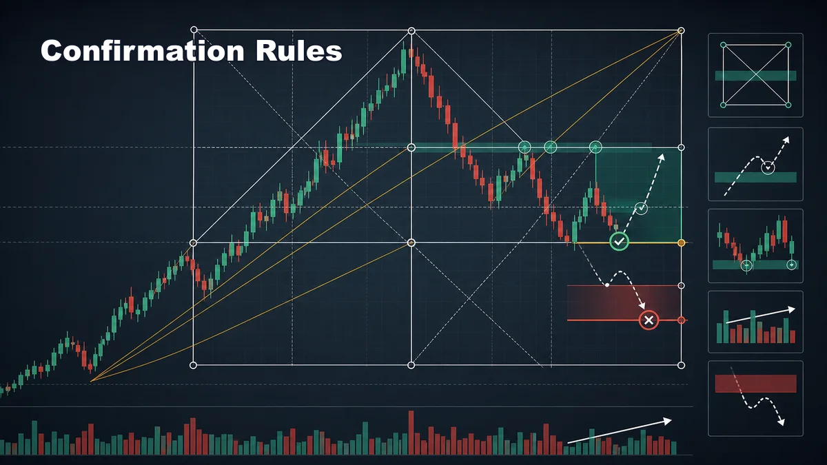 Gann Box Trading Guide AI image showing Gann Box confirmation rules with reaction levels diagonal angles invalidation and retest areas