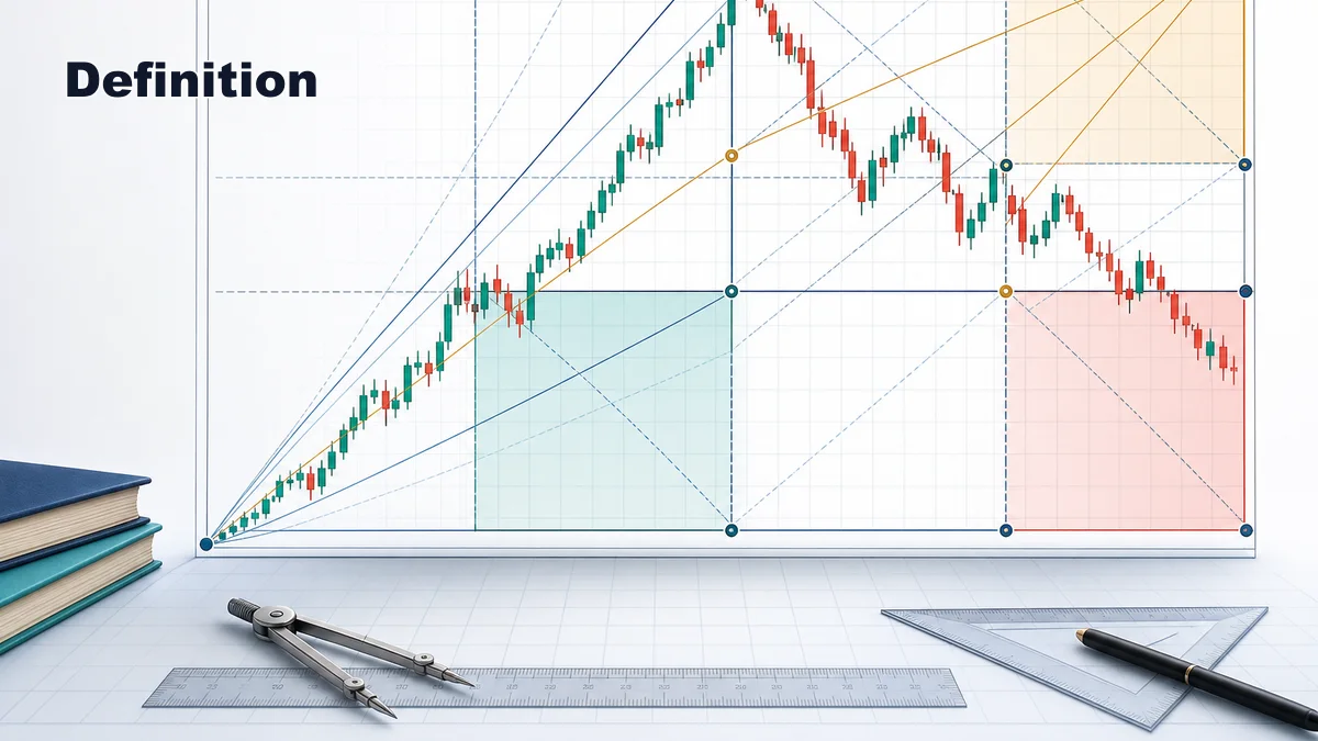 Gann Box Trading Guide AI image explaining the definition of Gann Box trading with a price time grid around a market swing