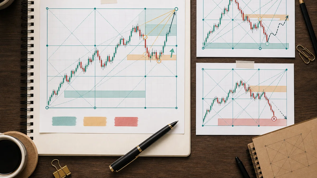 Gann Box Trading Guide AI image showing Gann Box trading examples across trend continuation retracement and failed setup scenarios