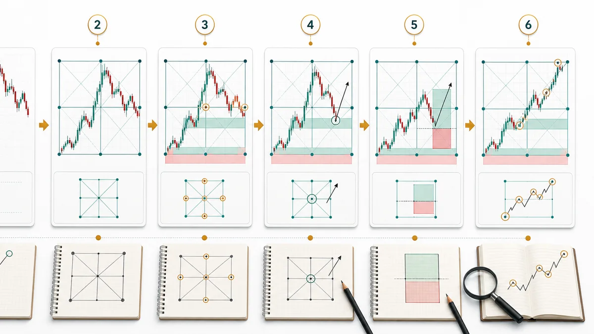 Gann Box Trading Guide AI image showing step by step Gann Box usage from anchor selection to levels confirmation and trade review