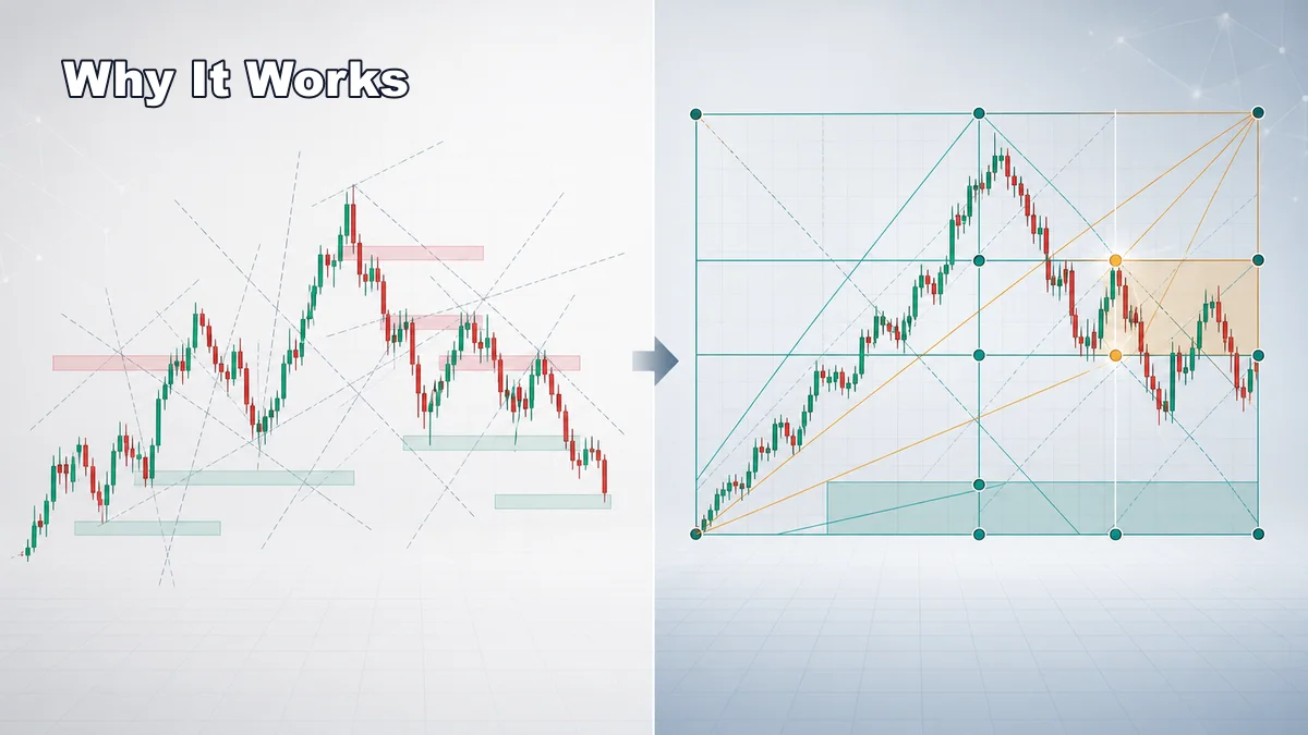 Gann Box Trading Guide AI image showing why Gann Box trading works through price time rhythm, angle confluence, and levels