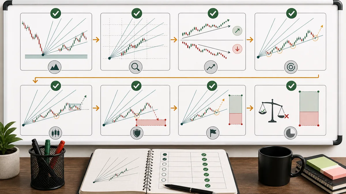 Gann Fan Trading Strategy Explained Gann fan trading strategy confirmation checklist with anchor quality, chart scale, trend direction, angle reaction, price action trigger, invalidation, target, and risk