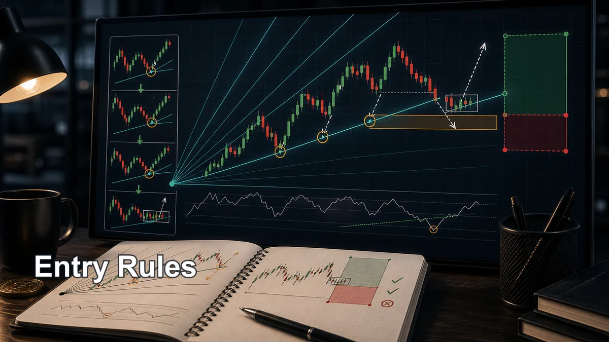 Gann Fan Trading Strategy Explained Gann fan trading strategy entry rules with angle reaction, candlestick confirmation, structure break, retest, and planned entry zone