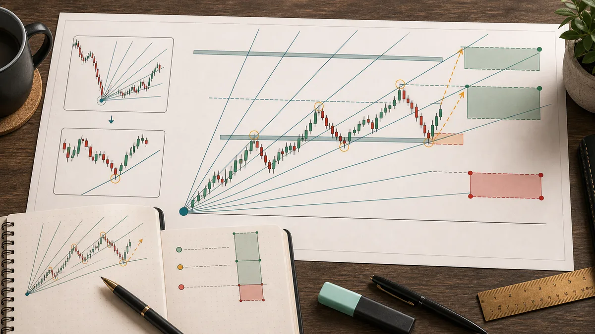 Gann Fan Trading Strategy Explained Example trade using Gann fan trading strategy with swing low anchor, rising angle support, pullback rejection, entry trigger, stop loss, and take profit zone