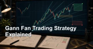 Gann fan trading strategy thumbnail with candlestick chart, diagonal Gann angles, price time grid, entry zone, stop loss, take profit, and confirmation checklist