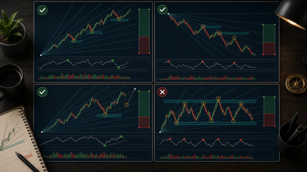 Gann Fan Trading Strategy Explained Market conditions for a Gann fan trading strategy showing trending market, balanced pullbacks, choppy range, and unsuitable low quality conditions