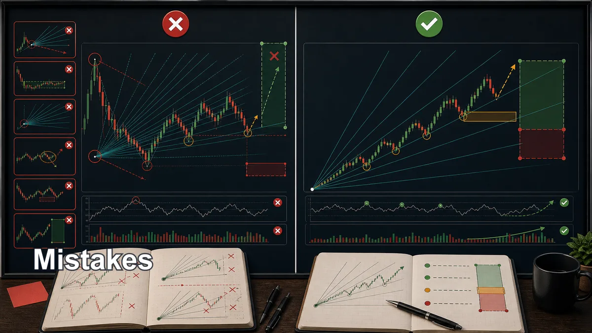 Gann Fan Trading Strategy Explained Mistakes in a Gann fan trading strategy with wrong anchor point, bad chart scale, too many angles, no confirmation, tight stop loss, and unrealistic targets