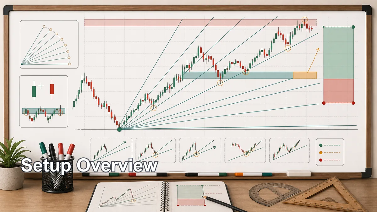 Gann Fan Trading Strategy Explained Gann fan trading strategy setup overview with swing anchor, diagonal fan angles, price time grid, support resistance, and trade planning zones