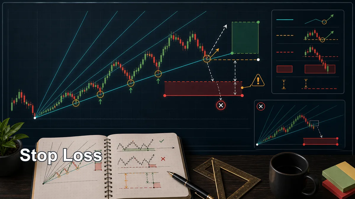 Gann Fan Trading Strategy Explained Gann fan trading strategy stop loss placement with invalidation beyond angle, swing low, swing high, failed retest, and volatility buffer
