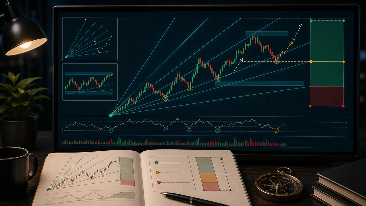 Gann Fan Trading Strategy Explained Gann fan trading strategy take profit planning with next fan angle, horizontal resistance, prior swing, target zone, partial exit, and reward risk