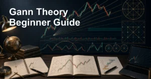 Gann Theory complete beginner guide thumbnail with candlestick charts, Gann fan angles, price time grids, and geometric cycle analysis