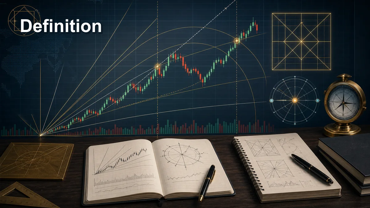 Gann Theory: Complete Beginner Guide Definition of Gann Theory with candlestick chart, geometric grid, diagonal price time angle, cycle arc, and square geometry
