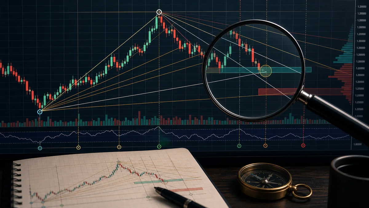 Gann Theory: Complete Beginner Guide How to identify Gann Theory on a chart using anchor swing points Gann fan angles squared price time grid cycle dates and reaction zones