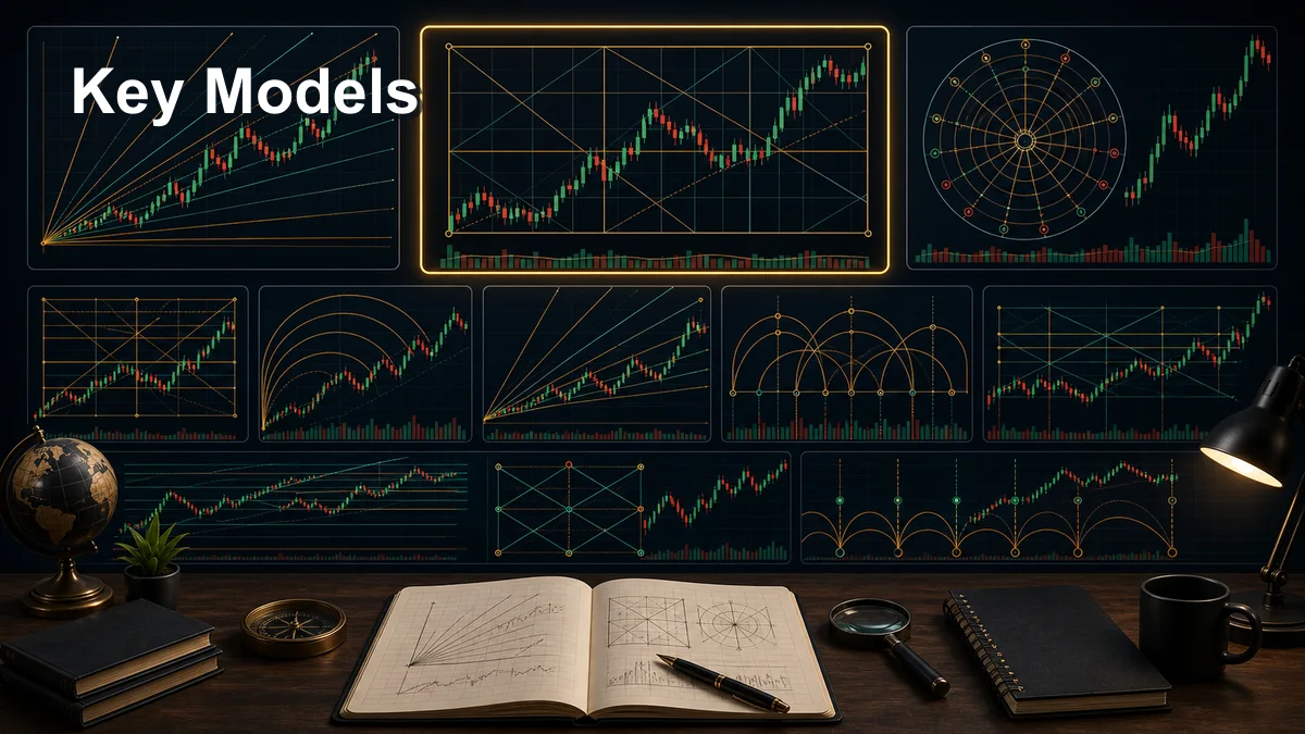Gann Theory: Complete Beginner Guide Key Gann patterns and models showing Gann fan Gann box square wheel geometry price time cycles and geometric support resistance grids