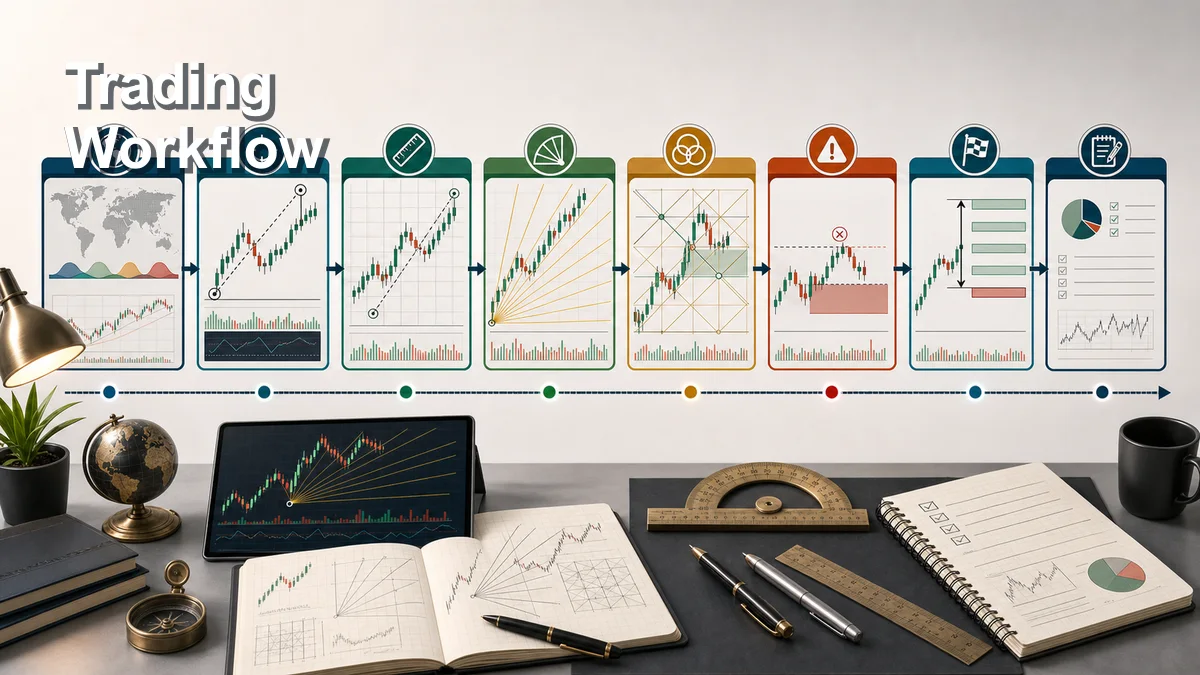 Gann Theory: Complete Beginner Guide A practical Gann Theory trading workflow from market context to anchor point selection chart scaling Gann fan grid confluence invalidation target and review