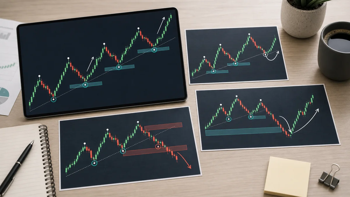 Higher Highs and Higher Lows Explained Examples of higher highs and higher lows including continuation, failed continuation, and trend transition