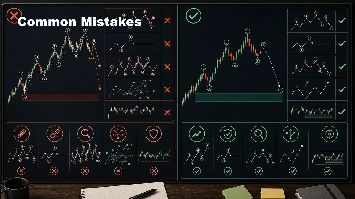 How to Count Elliott Waves Correctly Codex AI image showing common Elliott Wave counting mistakes with forced labels, ignored rules, too many alternates, and corrected invalidation plan