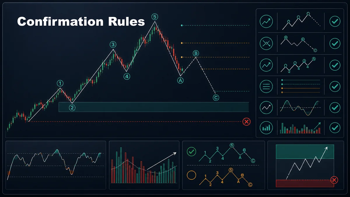How to Count Elliott Waves Correctly Codex AI image showing Elliott Wave confirmation rules with impulse rule checklist, Fibonacci zones, structure shift, momentum, alternate count, and invalidation