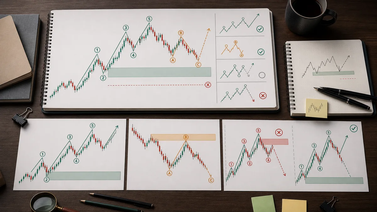 How to Count Elliott Waves Correctly Codex AI image showing examples of correct Elliott Wave counting with bullish impulse, ABC correction, failed count, and alternate scenario