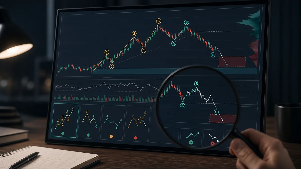 How to Count Elliott Waves Correctly Codex AI image showing how to identify Elliott Wave counts by starting from higher timeframe swings, impulse structure, corrections, and rule checks