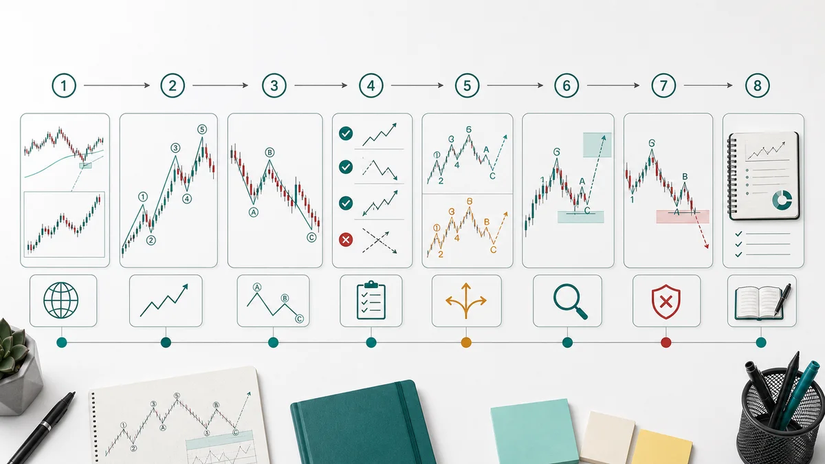 How to Count Elliott Waves Correctly Codex AI image showing step by step Elliott Wave counting from higher timeframe trend to impulse labeling, correction labeling, alternate count, confirmation, and invalidation