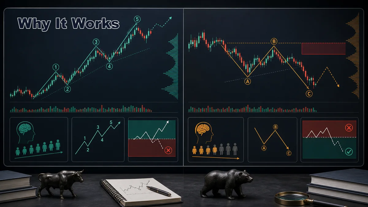 How to Count Elliott Waves Correctly Codex AI image explaining why Elliott Wave counting works through crowd psychology, impulse, correction, trend phases, and risk levels