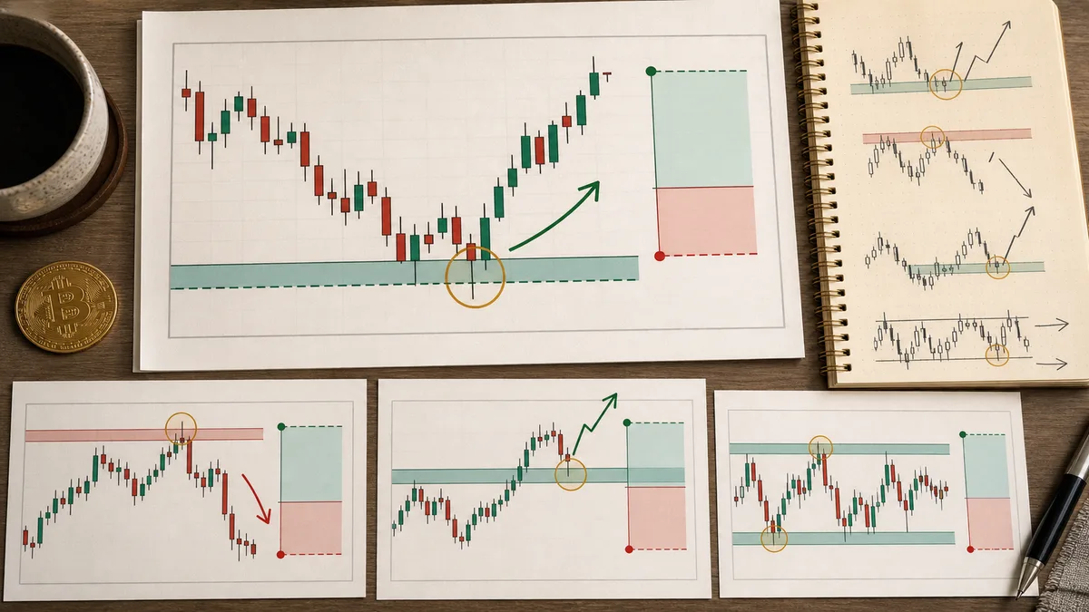 How to Read Candlesticks in Forex and Crypto Examples of candlestick reading in forex and crypto showing bullish rejection, bearish rejection, engulfing candle, failed breakout, and continuation