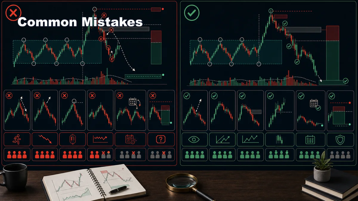 ICT Judas Swing: Meaning and Examples Codex AI image showing common ICT Judas Swing mistakes with chasing first move, fading real breakout, no displacement, ignored news, and corrected risk plan