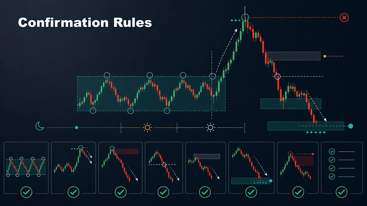 ICT Judas Swing: Meaning and Examples Codex AI image showing ICT Judas Swing confirmation rules with session range, liquidity sweep, failed breakout, displacement, FVG retracement, invalidation, and target liquidity