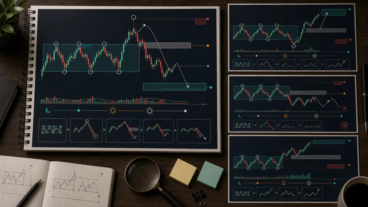 ICT Judas Swing: Meaning and Examples Codex AI image showing examples of ICT Judas Swing with bearish London false move, bullish New York false move, failed setup, and breakout acceptance