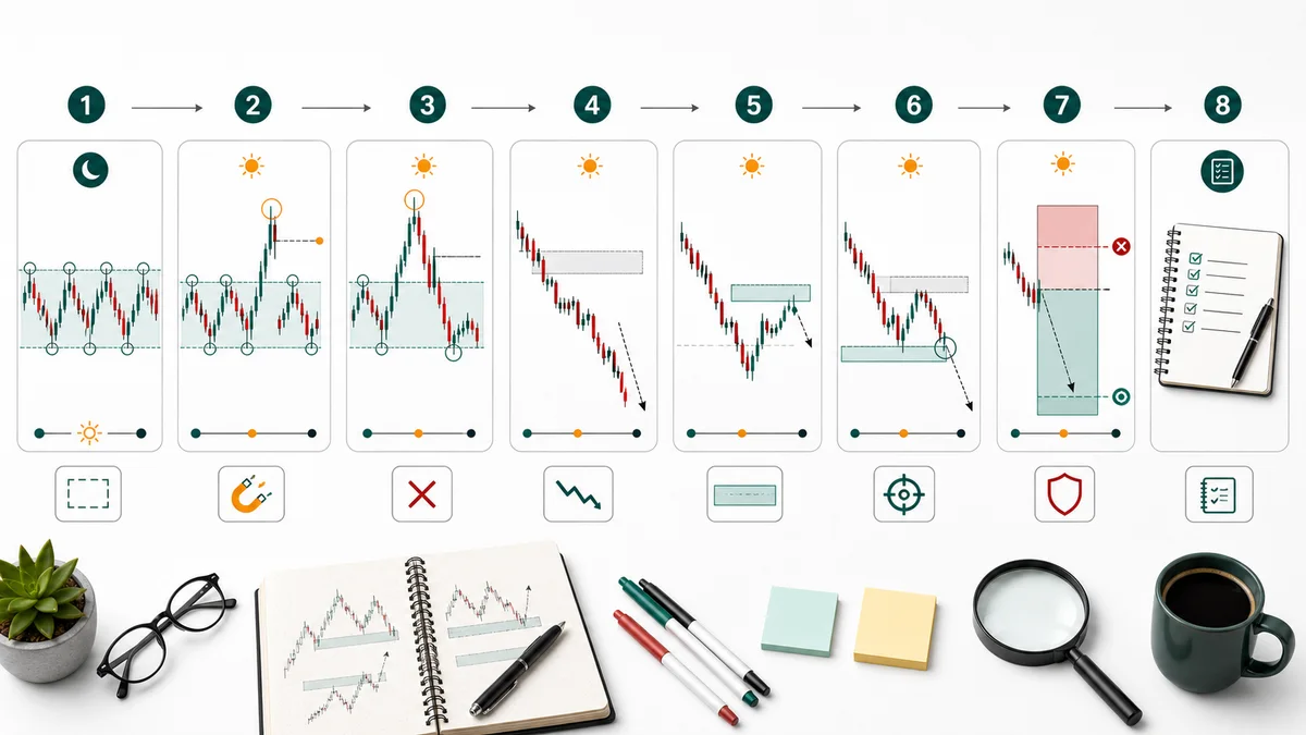ICT Judas Swing: Meaning and Examples Codex AI image showing step by step ICT Judas Swing usage from session range to liquidity sweep, reclaim, displacement, retracement entry, invalidation, target, and journal review