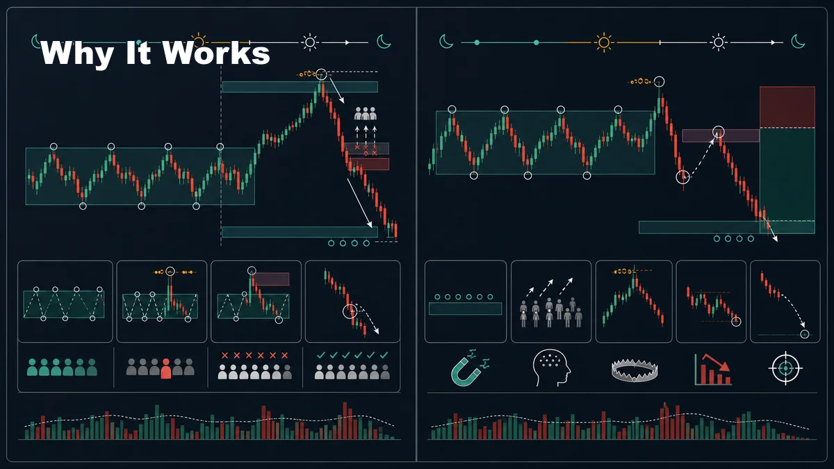 ICT Judas Swing: Meaning and Examples Codex AI image explaining why ICT Judas Swing works through liquidity grabs, trapped breakout traders, session volatility, displacement, and opposing liquidity targets