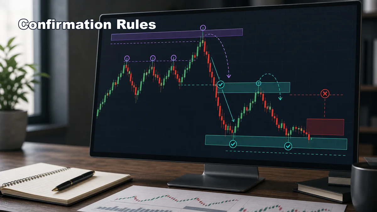 ICT Market Structure Explained ICT market structure confirmation rules showing sweep, displacement close, fair value gap retest, and invalidation