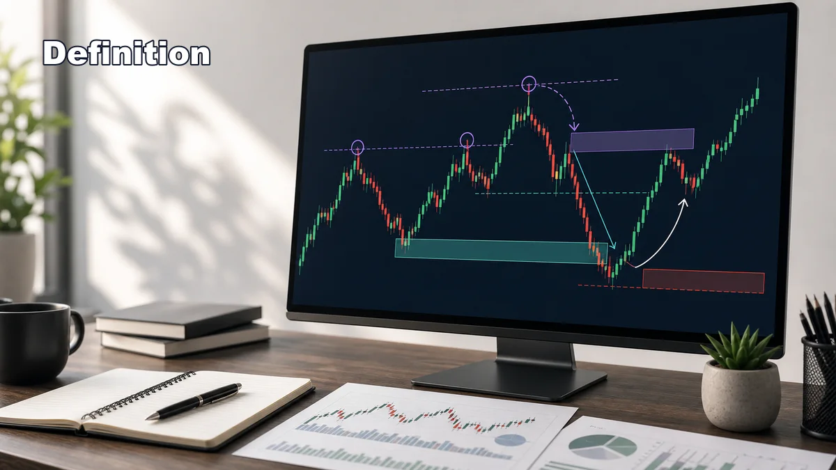 ICT Market Structure Explained Definition of ICT market structure showing liquidity sweep, market structure shift, displacement, and fair value gap