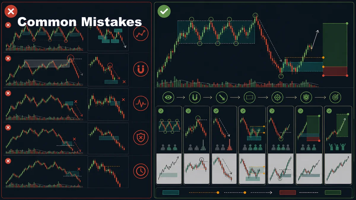ICT Optimal Trade Entry Explained AI image showing common ICT Optimal Trade Entry mistakes including drawing OTE on every swing ignoring liquidity no displacement and no invalidation