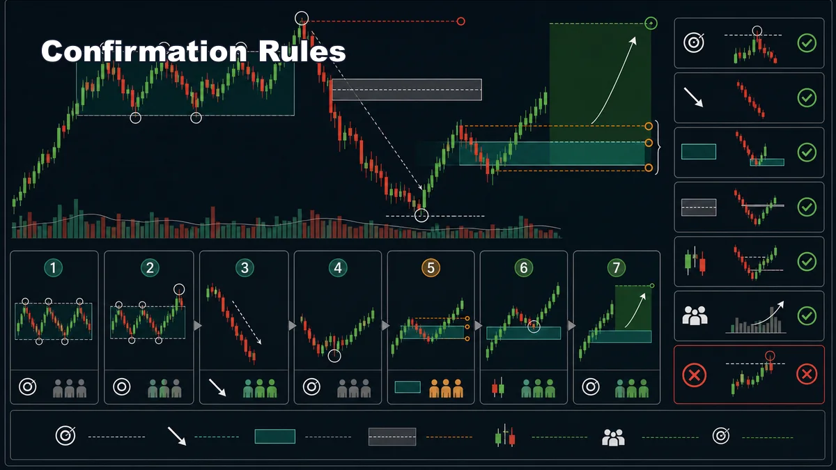 ICT Optimal Trade Entry Explained AI image showing ICT Optimal Trade Entry confirmation rules with liquidity sweep displacement OTE zone fair value gap invalidation and target