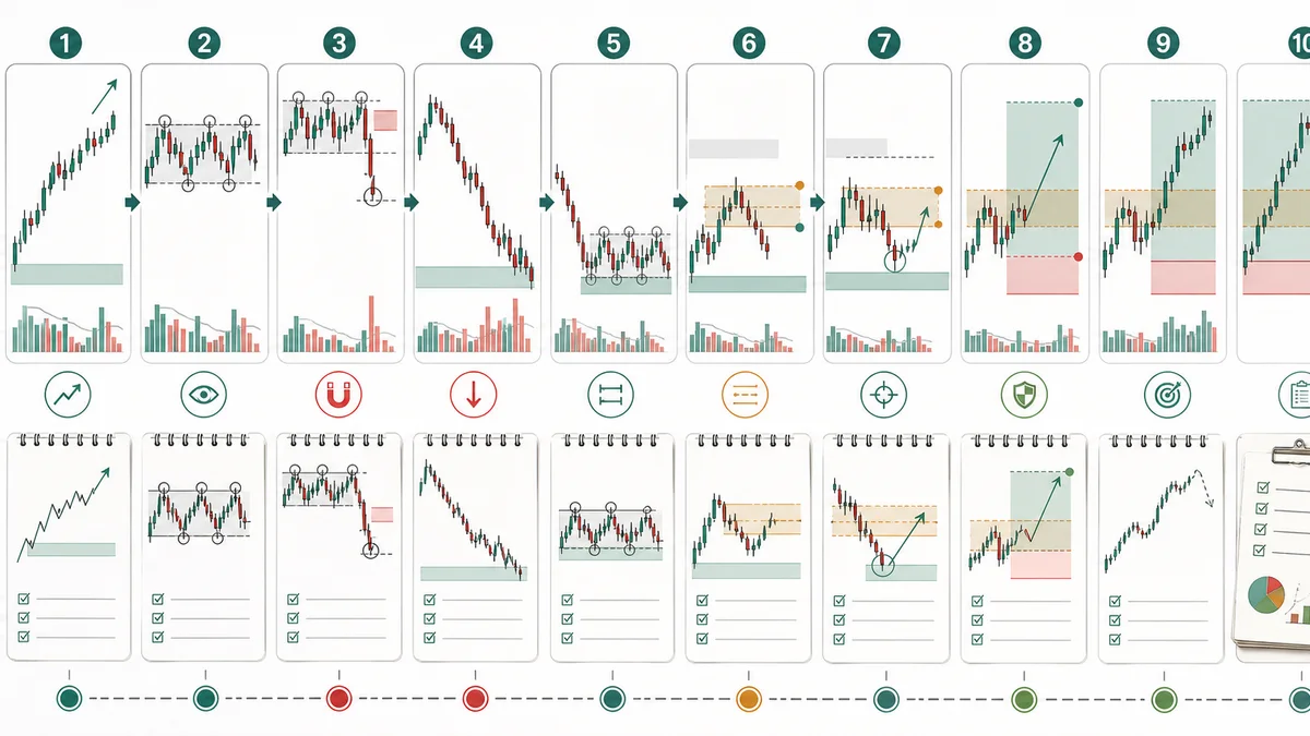 ICT Optimal Trade Entry Explained AI image showing step by step ICT OTE usage from bias to liquidity sweep displacement OTE zone entry invalidation target and review