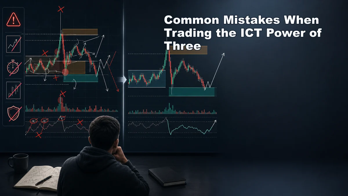 ICT Power of Three: Accumulation Manipulation Distribution Common mistakes when trading the ICT Power of Three shown by a cluttered chart compared with a cleaner plan