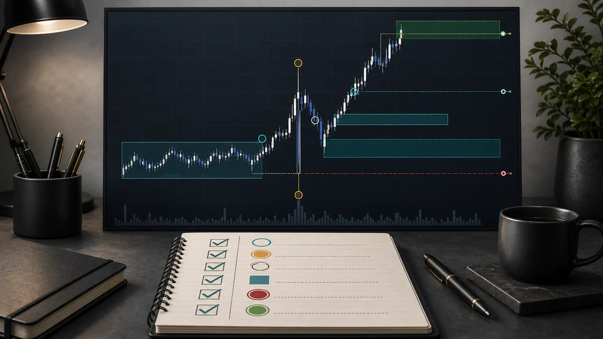 ICT Power of Three: Accumulation Manipulation Distribution ICT Power of Three confirmation rules showing structure shift, displacement, fair value gap, invalidation, and target liquidity