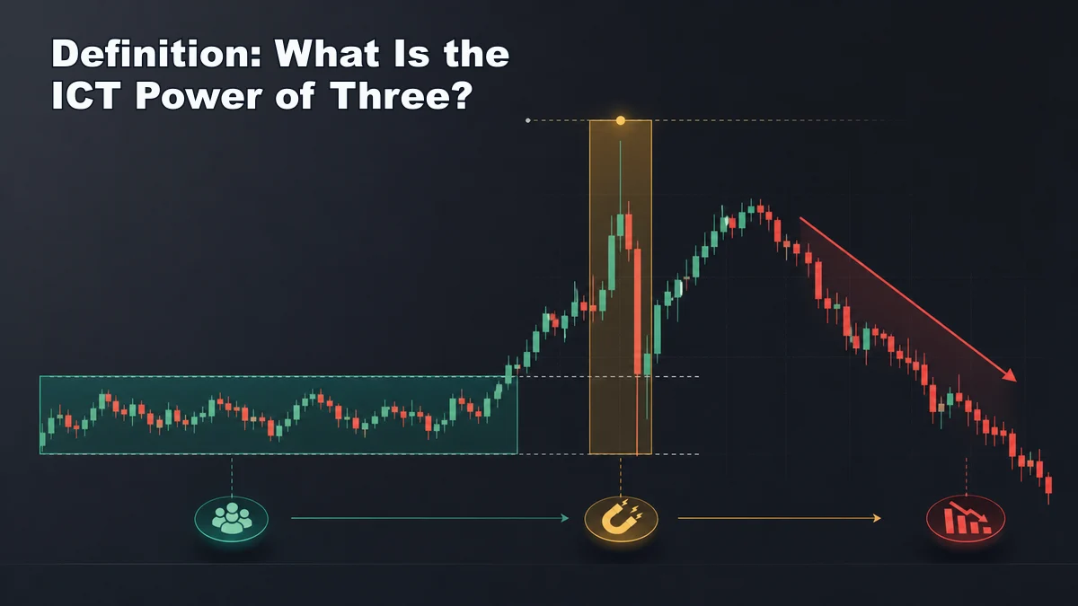 ICT Power of Three: Accumulation Manipulation Distribution Definition of the ICT Power of Three with accumulation, manipulation, and distribution phases on a chart