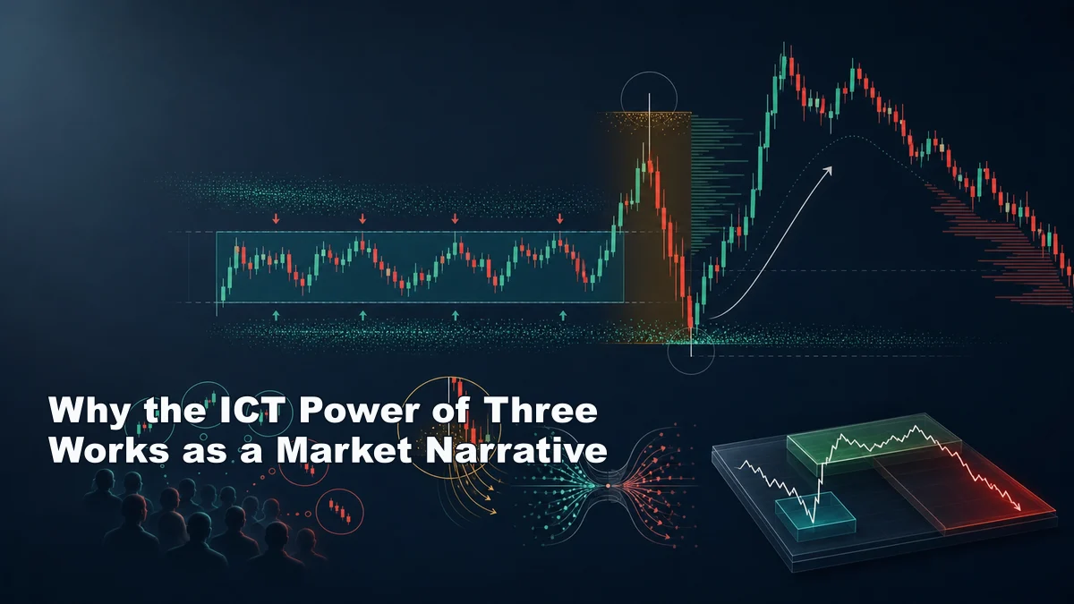 ICT Power of Three: Accumulation Manipulation Distribution Market narrative behind the ICT Power of Three with liquidity, trapped traders, displacement, and distribution