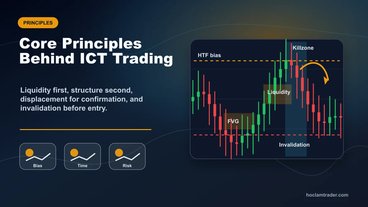 ICT Trading: Complete Beginner Guide Core principles behind ICT trading showing liquidity pools, higher timeframe bias, displacement, premium discount zones, killzone timing, and invalidation