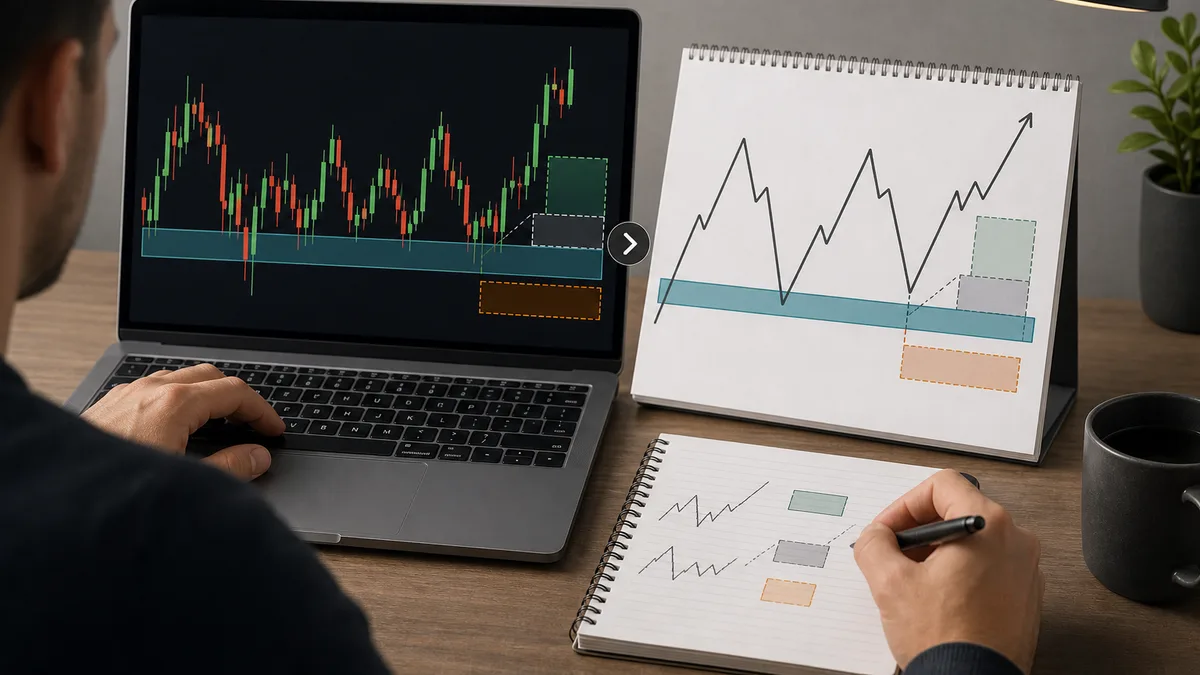 Line vs Candlestick Charts for MSNR Levels Trader comparing line chart structure and candlestick MSNR zone before entry with invalidation box