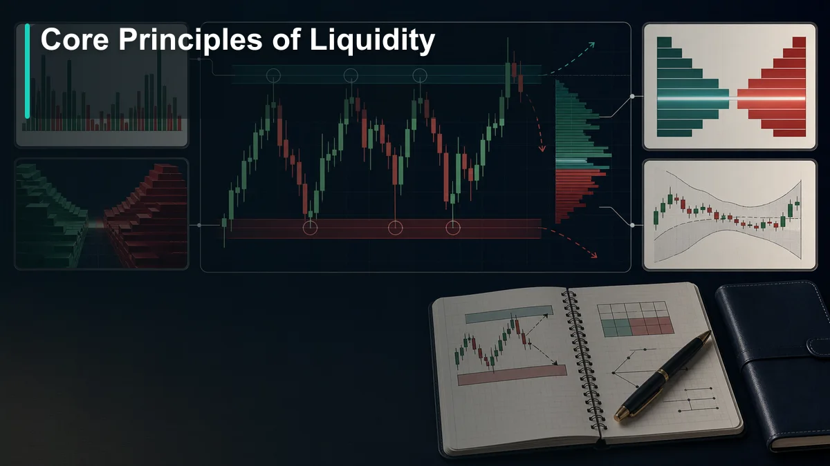Liquidity in Trading: Complete Guide Core liquidity principles showing volume, bid ask spread, market depth, volatility response, and risk planning