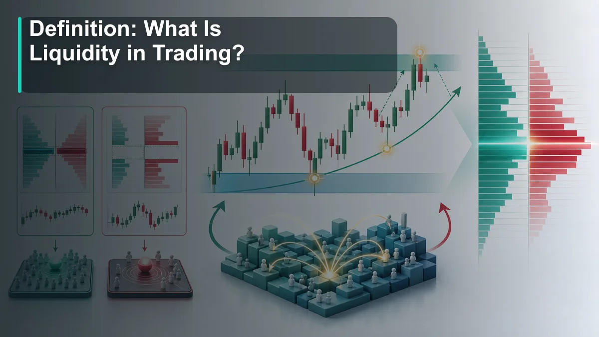 Liquidity in Trading: Complete Guide Definition of liquidity in trading shown with a clean chart, bid ask zones, order book depth, spread, and execution concept