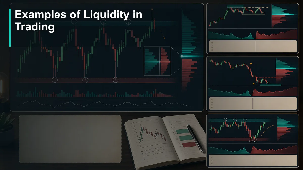 Liquidity in Trading: Complete Guide Examples of liquidity in trading showing tight spreads, low liquidity slippage, and a liquidity sweep reversal around equal highs and lows