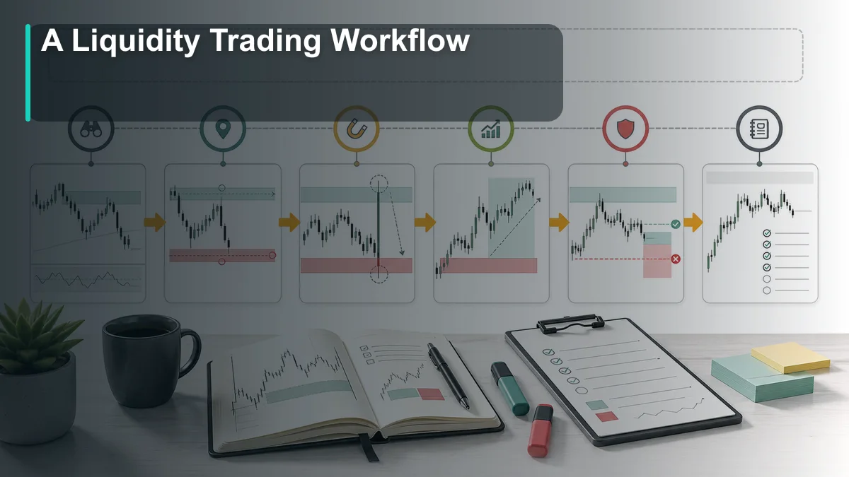 Liquidity in Trading: Complete Guide A liquidity trading workflow from higher timeframe context to liquidity mapping, sweep or acceptance, confirmation, entry, invalidation, and journal review