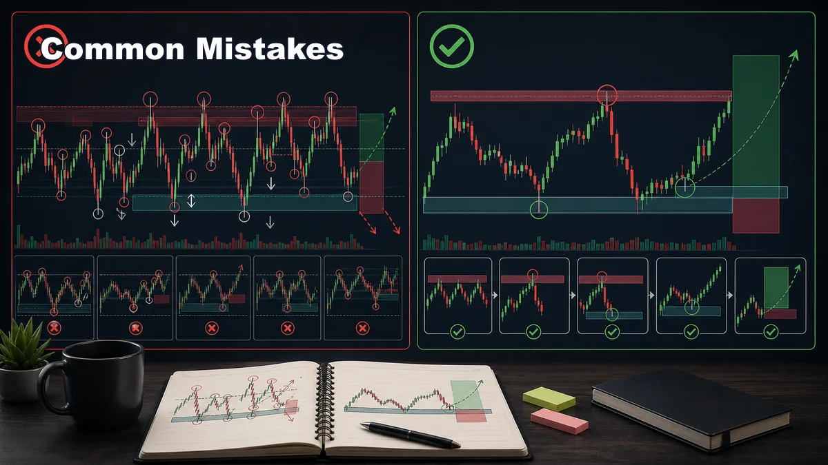 Liquidity Sweeps: Identification, Confirmation and Failure Codex AI image showing common liquidity sweep mistakes with overmarked levels, random wicks, no confirmation, and corrected risk plan